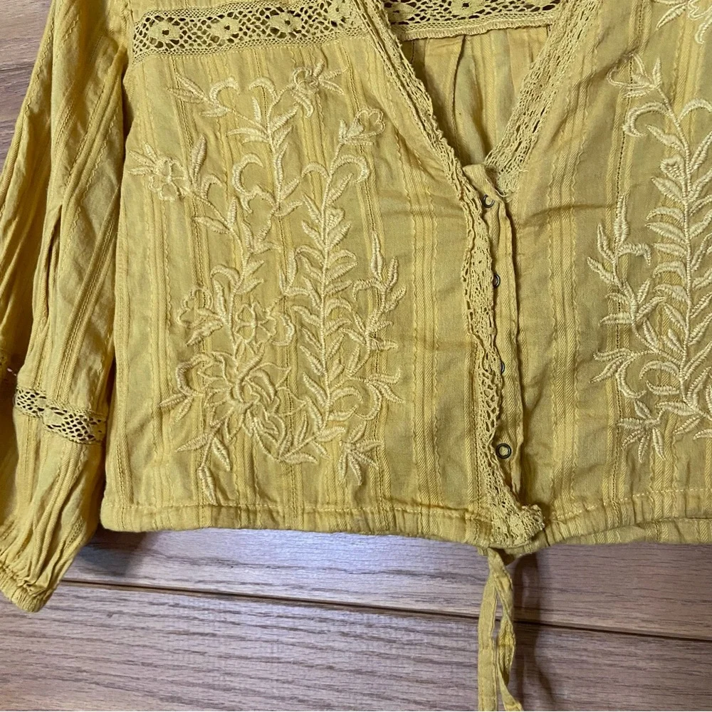 Free People Follow Your Heart yellow mustard gold embroidered button front top